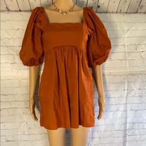Elegant Orange Puff Sleeve Dress